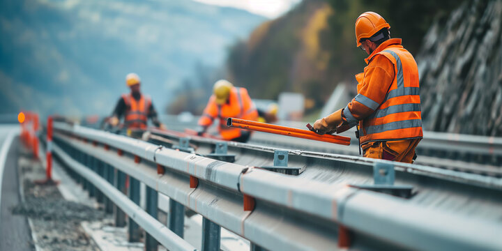 Highway maintenance crew installs new guardrails along a mountainous road, enhancing driver safety