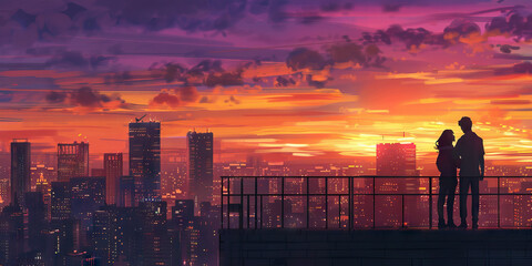 Cityscape Sunset: A couple standing on a rooftop overlooking a city skyline at sunset, with pastel hues of orange and purple in the sky, enjoying the view and each other's company