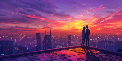 Fototapeta premium Cityscape Sunset: A couple standing on a rooftop overlooking a city skyline at sunset, with pastel hues of orange and purple in the sky, enjoying the view and each other's company