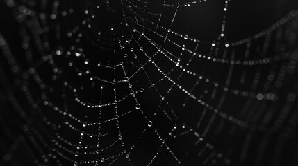 close-up of a glistening spider web with water drops on a black background