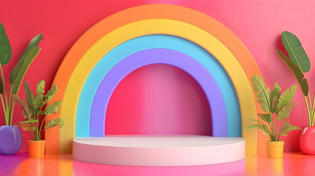 White podium for product display with a bright and colorful Pride Month LGBTQ+ background filled with rainbow decor