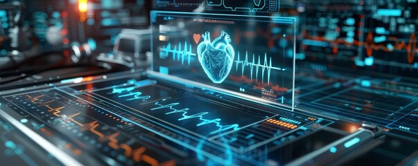 Fototapeta premium 3D rendering, digital display of ECG monitor with holographic projection effect In the foreground is an industrial design blueprint of a futuristic medical device showing a heart sensor on top of a gl