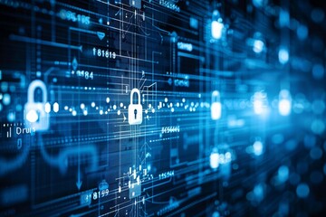 Obraz premium Digital interface with secure data streams and padlock icons, symbolizing cybersecurity and information protection in a modern digital environment