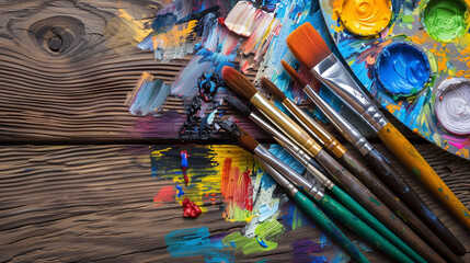 Obraz premium Crafting Essentials: Paint Brushes, Palette, Acrylic Paints on Wooden Table