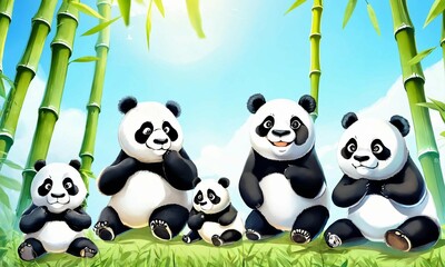Panda family portrait in bamboo forest