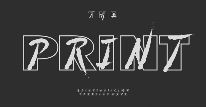 Offbeat duplicative alphabet, bold outline contour outside and script brush letters inside for artistic logo and headline, street art branding, decorative unusual typographic design. Vector typeset.