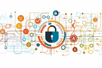 Fototapeta premium Abstract digital interface with padlock and network icons, symbolizing cybersecurity and data protection in a colorful, high tech environment