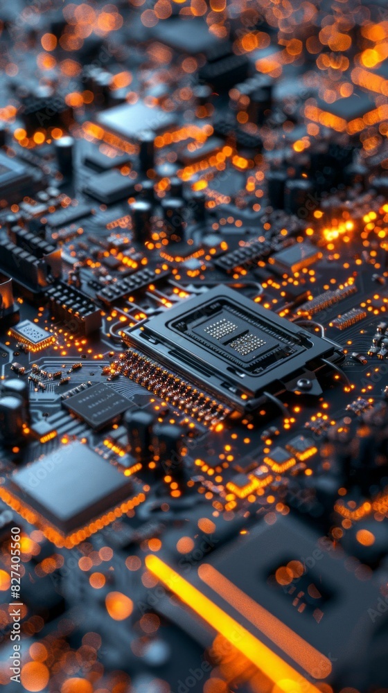 Poster a close up of a computer chip with a bright orange glow