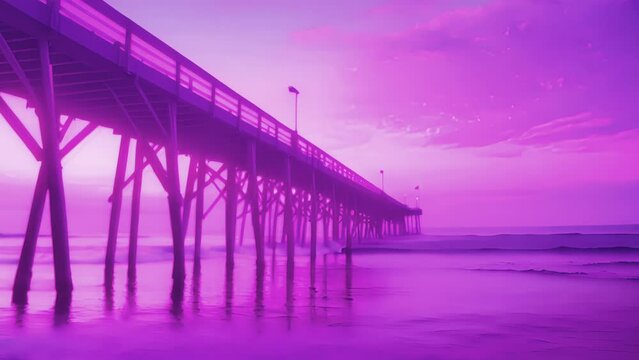 A pier stretching out into the ocean illuminated by a striking violet hue from St. Elmos Fire.