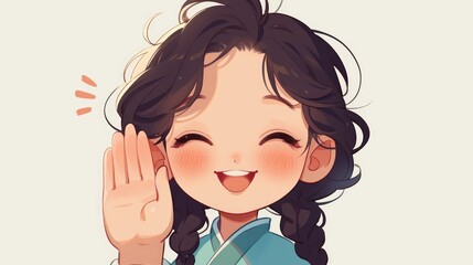 A cheerful Chinese girl in a cartoon is waving her hand