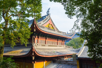 Decorated roof of the historic Lingyin Temple in Hangzhou, China