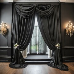 an elegant entrance draped with black curtains, suitable for a funeral ceremony or dramatic concert. The scene should evoke a sense of solemnity and classic elegance.