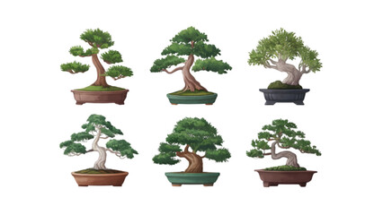 A Set of Six Flat Vector Watercolor Bonsai Trees in Elegant Pots: Detailed and Artistic Botanical Illustrations, Isolated
