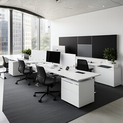 Imagine a workspace that seamlessly blends technology and design, with sleek and minimalistic furniture and state-of-the-art gadgets. The walls are lined with interactive screens