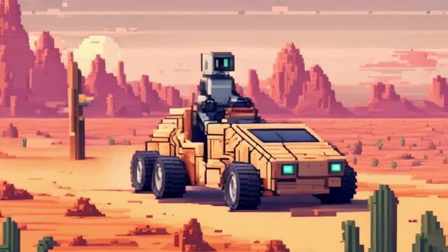 A pixel art robot explores a pixel art desert setting while riding a pixel art sand speeder in a 4K loop animation compilation