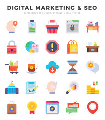 DIGITAL MARKETING & SEO Icons Pack Flat Style. Vector illustration.