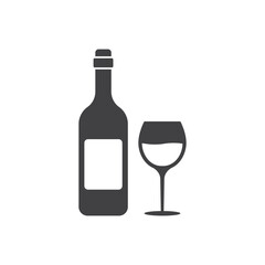 Wine bottle with glass icon in flat style. Alcohol drink vector illustration on isolated background. Champagne beverage sign business concept.