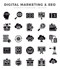 Digital Marketing & SEO Glyph icons collection. Glyph icons pack. Vector illustration