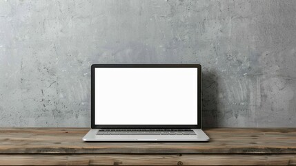 A laptop is open on a wooden desk with a white screen