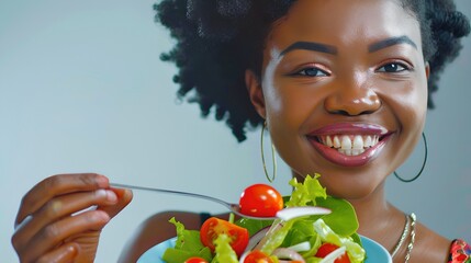 Portrait of a happy woman enjoying a fresh salad. Bright and colorful healthy food concept. Digital artwork. AI