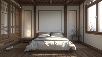 Frame mockup, modern bedroom hanok apartment interior, wall poster frame, 3D render