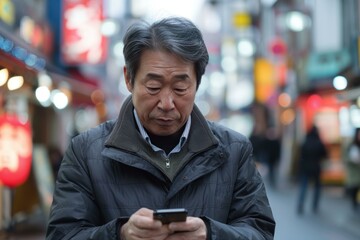 Elderly asian man focuses intently on his smartphone amidst a bustling city street backdrop