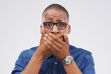 Surprise, news and portrait of black man with stress for info on white background in studio....