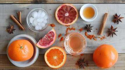 Ingredients for a Blood Orange Mocktail with Sparkling Water Honey and Spices on a Wooden Surface