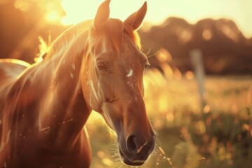 Horses, feeding on grass at high-land pasture at Carpathian Mountains in rays of sunset. Beautiful simple AI generated image in 4K, unique.