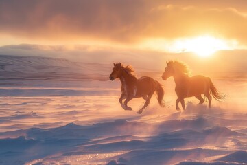Herd of Horses at Gorkhi-Terelj National Park at Ulaanbaatar, Mongolia. Winter Jan 25 2019.  ....