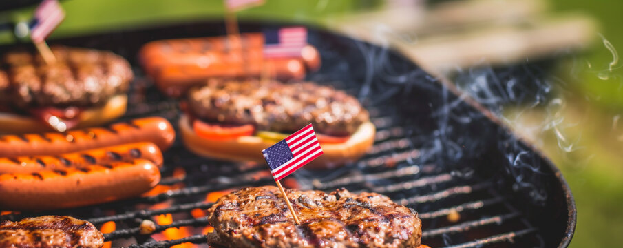 Grill with hamburgers and hotdogs decorated with tiny American flags.
