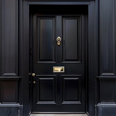 Iconic black modern front entrance door with gold handle,perfect for expansive spaces and featuring a luxurious design