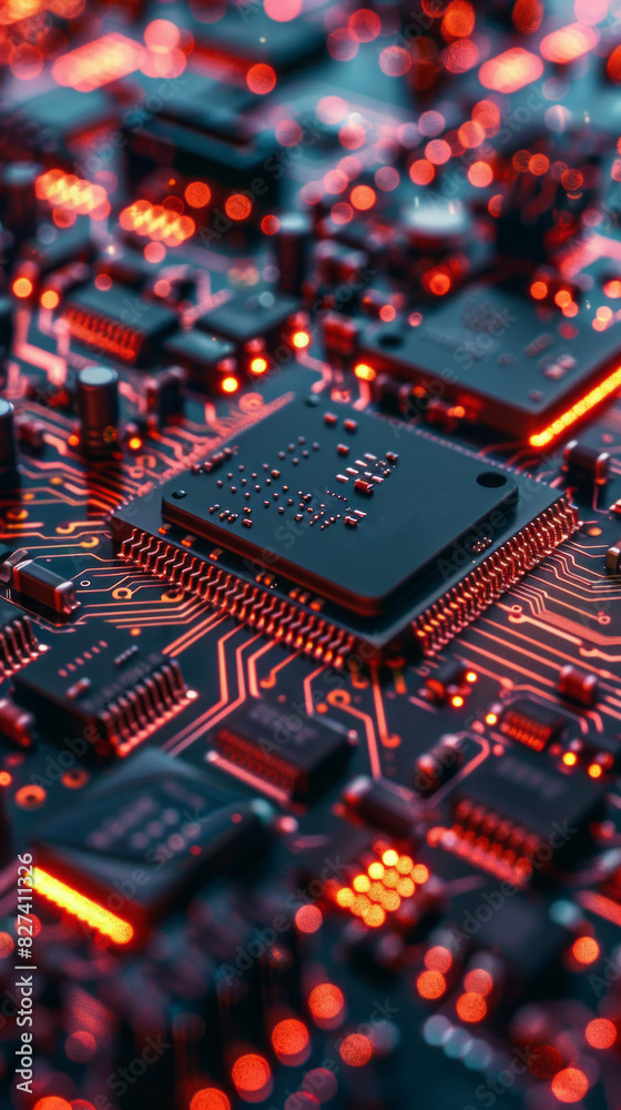 Poster A close up of a computer chip with a red glow. Concept of technology and innovation, as well as the complexity of modern electronics. The bright red color of the chip adds to the overall futuristic