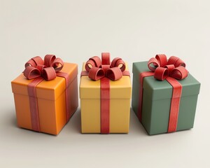 Obraz premium Three colored and different gifts with shiny ribbon on a white background.
