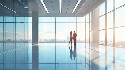 Fototapeta premium Two people standing in a large, empty room with a view of the city