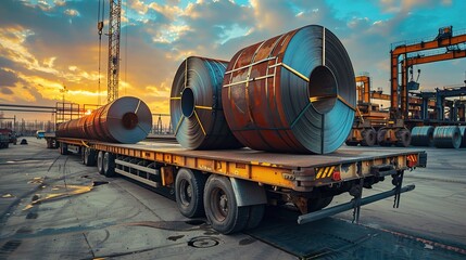 construction truck transporting steel coils and sheets to the fabrication yard where the team will cut and shape the metal to fit project specifications