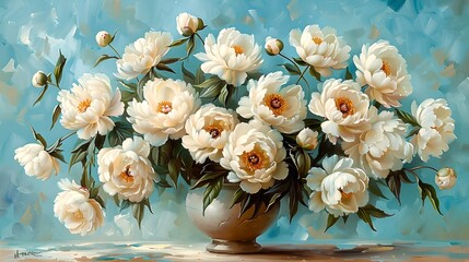 Beautiful white flowers in a vase on a table. Simple and elegant decor. Perfect for home, office or as a gift. AI © Irina Ukrainets