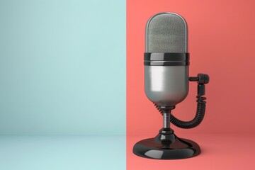 Vintage microphone on soft colored background with plenty of space for text placement