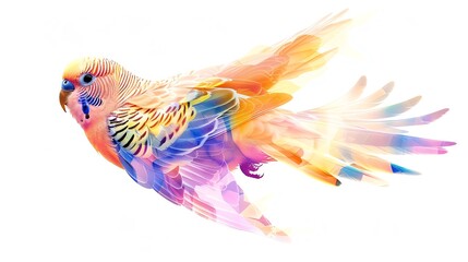 Fototapeta premium floating budgie, isolated on white background, close up, dazzling colors, Double exposure silhouette with aviary