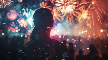 Fireworks display, night sky, celebratory crowd, vibrant explosions, festival lights close up, focus on, copy space, bright and dynamic, Double exposure silhouette with fireworks