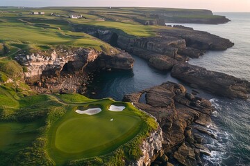 Picturesque golf course on white cliffs with ocean vista and towering rock arches