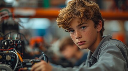 Focused young boy working on a robotics project in a workshop, displaying creativity and concentration.