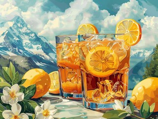 Refreshing Lemonade with a Mountain View: Vibrant Glasses of Iced Lemon Drink Amidst Scenic Alpine Backdrop