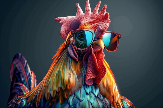 A close up of a rooster wearing sunglasses. Perfect for farm or animal-themed designs. Beautiful simple AI generated image in 4K, unique.
