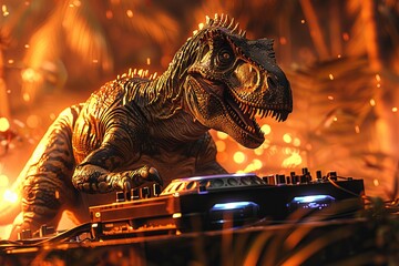 A dinosaur DJ mixing music on turntables in a fiery, jungle environment, showcasing a blend of prehistoric and modern elements.