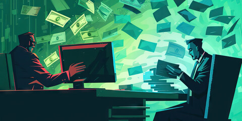 Business Email Compromise: A graphic depicting a business email compromise scam, where fraudsters impersonate company executives to trick employees into transferring money or sensitive information