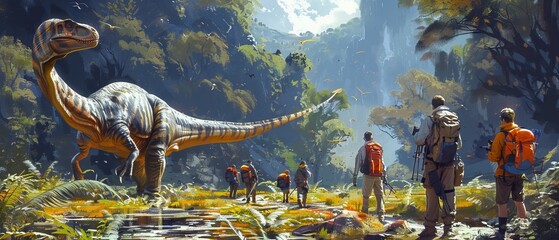 A group of explorers observes a large dinosaur in a lush forest, capturing the essence of adventure and discovery in a prehistoric setting.