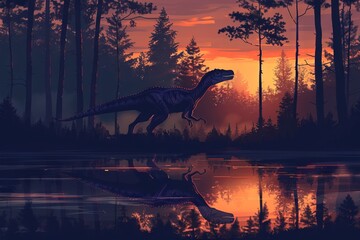A dramatic sunset casts a silhouette of a dinosaur by a tranquil lake, with trees reflecting in the water, creating a prehistoric ambiance.