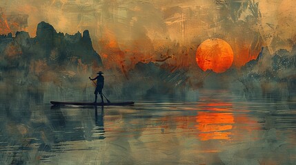 A lone fisherman on a boat during a mystical, vibrant sunset, with colorful reflections on the water and mountainous landscape in the background.