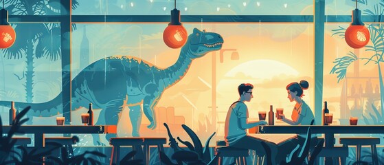 A young couple enjoys a romantic meal as a dinosaur roams outside, creating a unique and surreal dining experience.